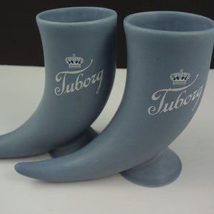 Pair Vintage Tuborg Blue Ceramic Horn Beer Glasses